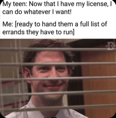 Jim through blinds meme give teen errand list
