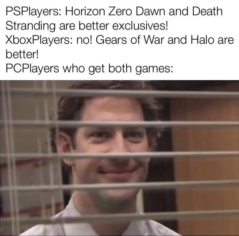 Jim through blinds meme smugly watch game war