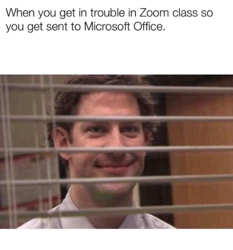 Jim through blinds meme Zoom class trouble