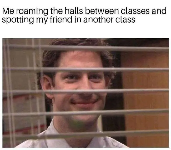 Jim through blinds meme seeing friend in hall