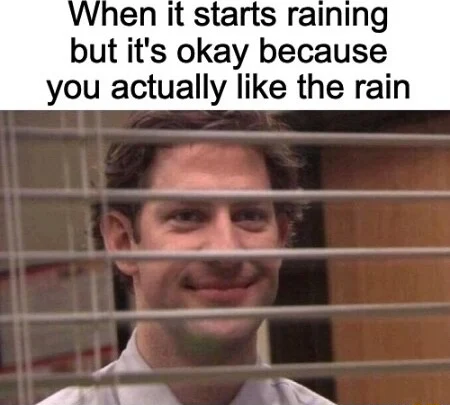 Jim through blinds meme happy enjoying rain