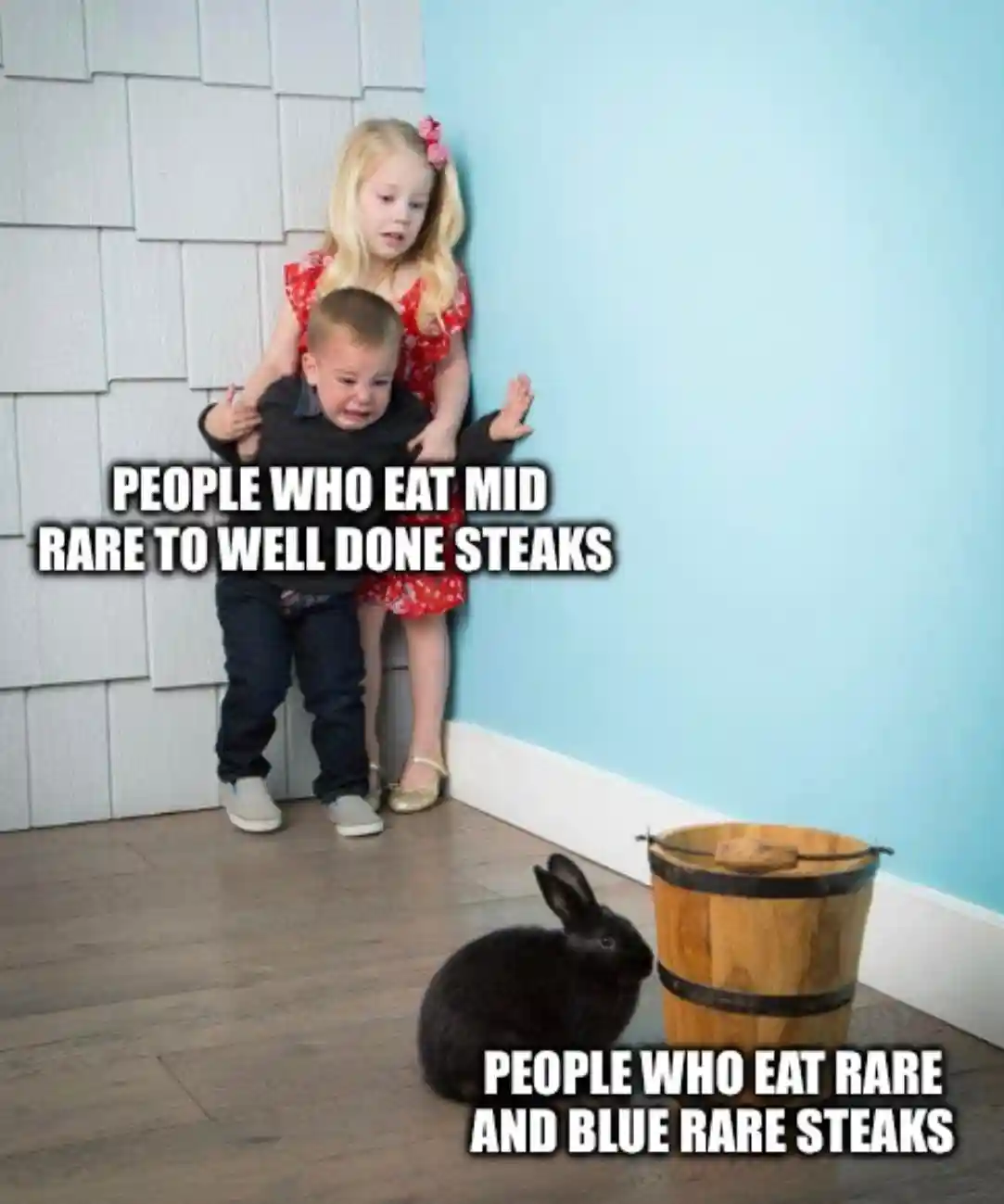 Kids afraid of rabbit meme Scared of rare and blue rare steak eaters