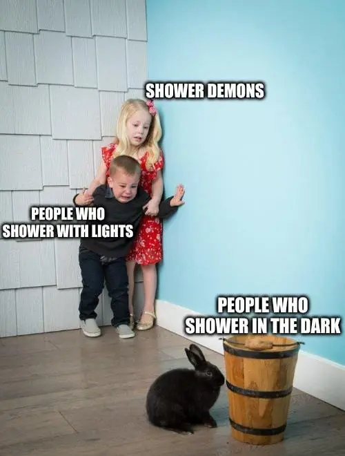 Kids afraid of rabbit meme scared of shower demons