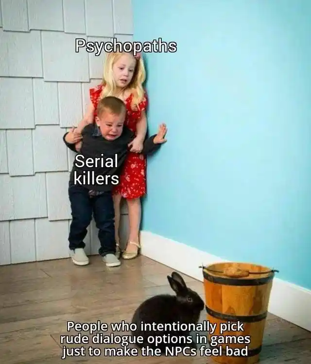 Kids afraid of rabbit meme Fear rude game npc dialogue pickers