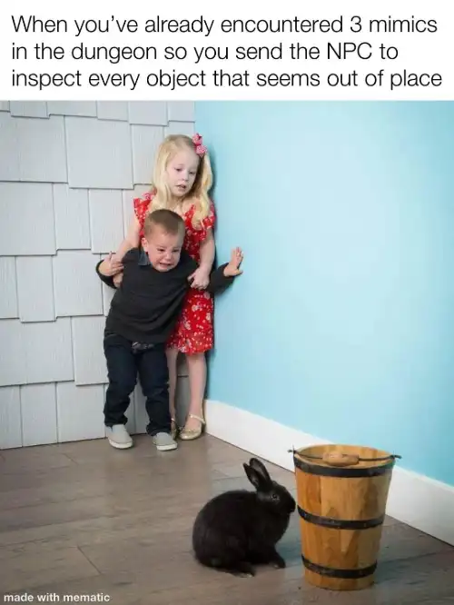 Kids afraid of rabbit meme send npc to check items after mimics