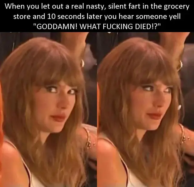 Taylor swift grocery fart meme nervous look