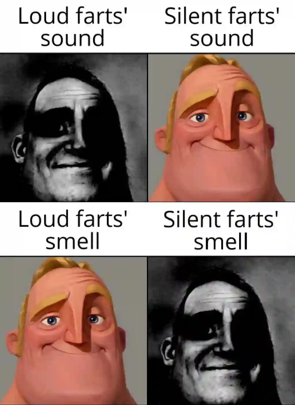 Mr incredible meme of loud and silent farts