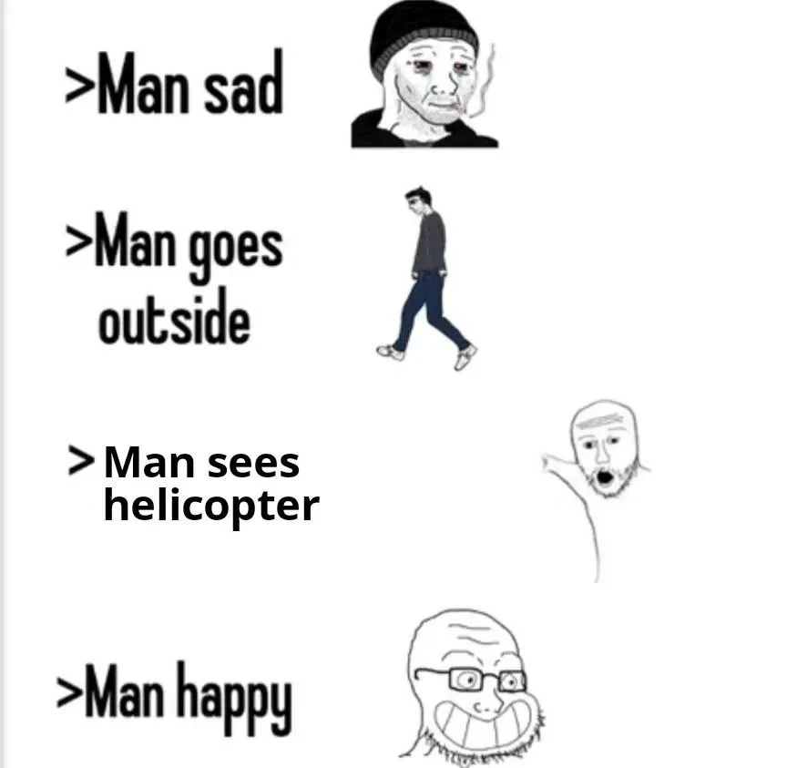 Sad man sees helicopter meme becomes happy