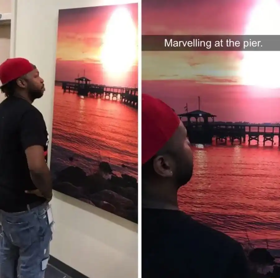 Man marvelling at pier painting meme