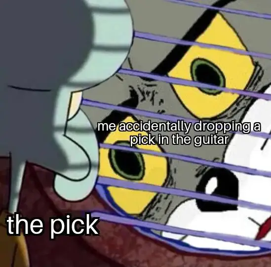 Dropping pick in guitar meme staring through blinds