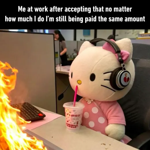 Hello Kitty work meme chill as desk burns