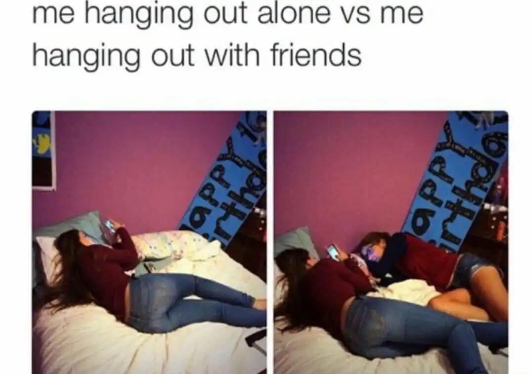 Friends hangout meme using phones on bed