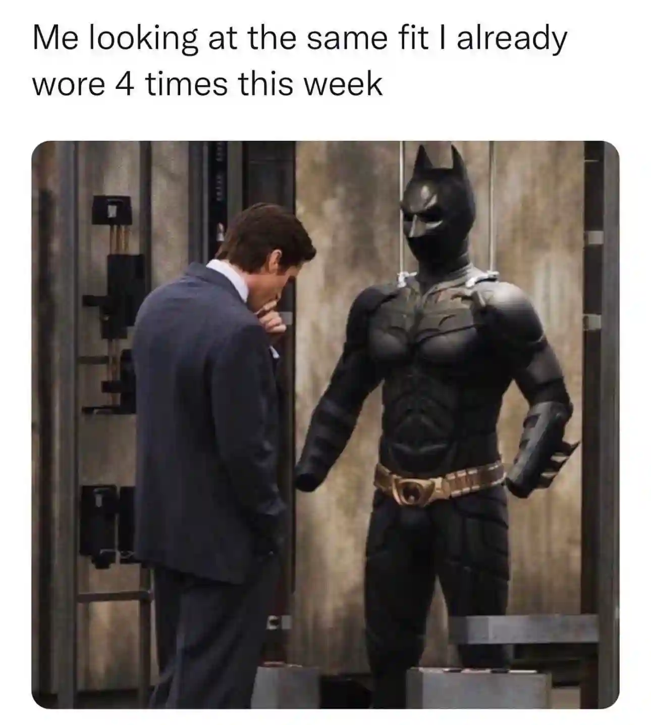 Bruce Wayne batsuit meme staring at same repeated outfit