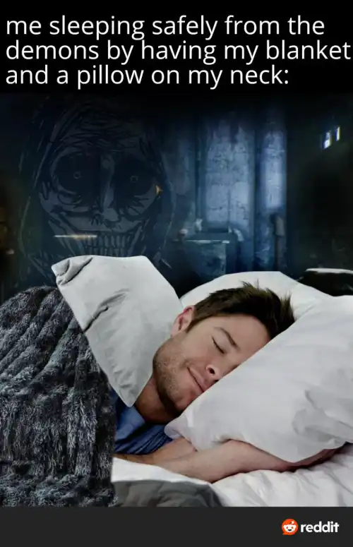 Sleeping man with pillow on neck meme demon behind him