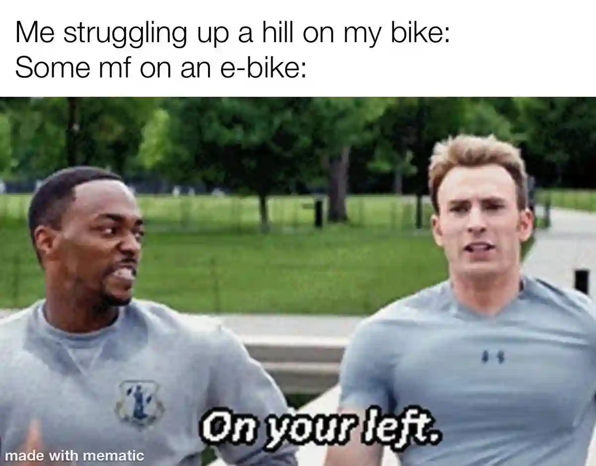Struggling biker e-bike on your left meme