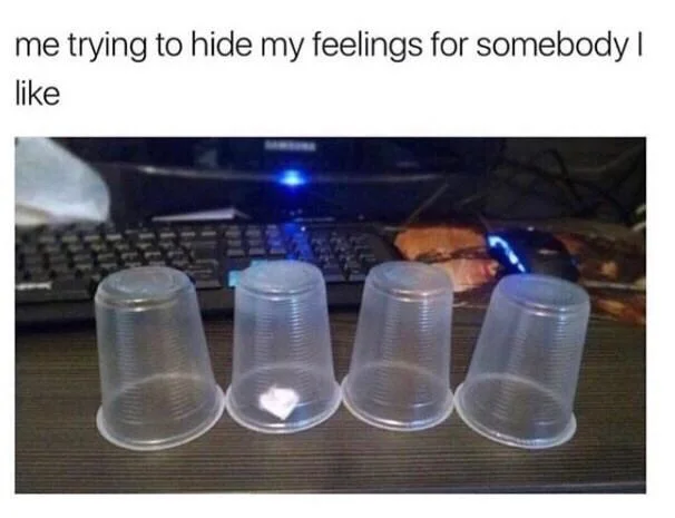 Hide crush feelings meme upside down cups