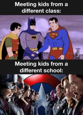 DC Marvel meet school kids meme fun contrast