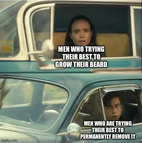 Opposite beard men meme shocked in car