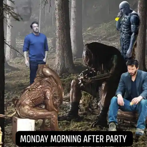 Monday morning after party meme tired people in woods