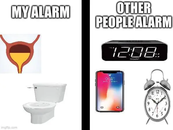 Bladder Alarm meme vs normal daily alarm