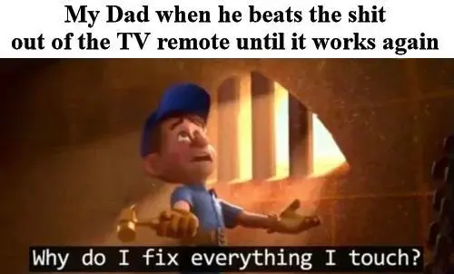 Dad smacks TV remote meme happy it works