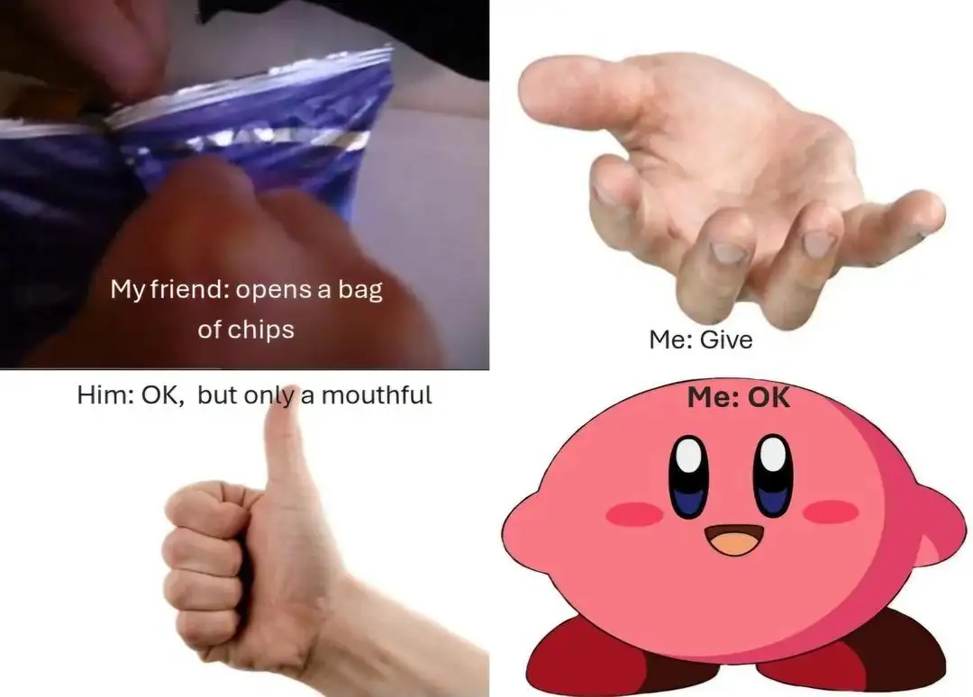 Friend opens chips bag meme Kirby takes entire mouthful