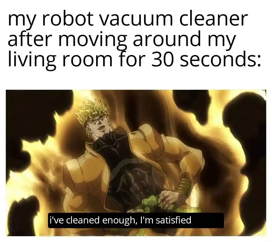 Robot vacuum cleaner meme is satisfied after 30s