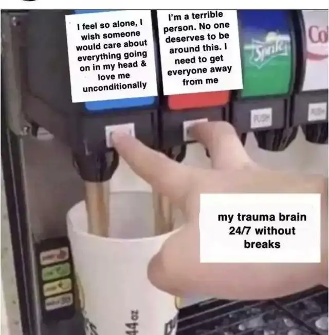 Trauma brain meme pressing two soda buttons