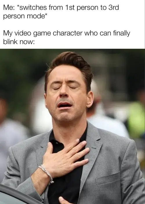 Video game character meme relieved to finally blink