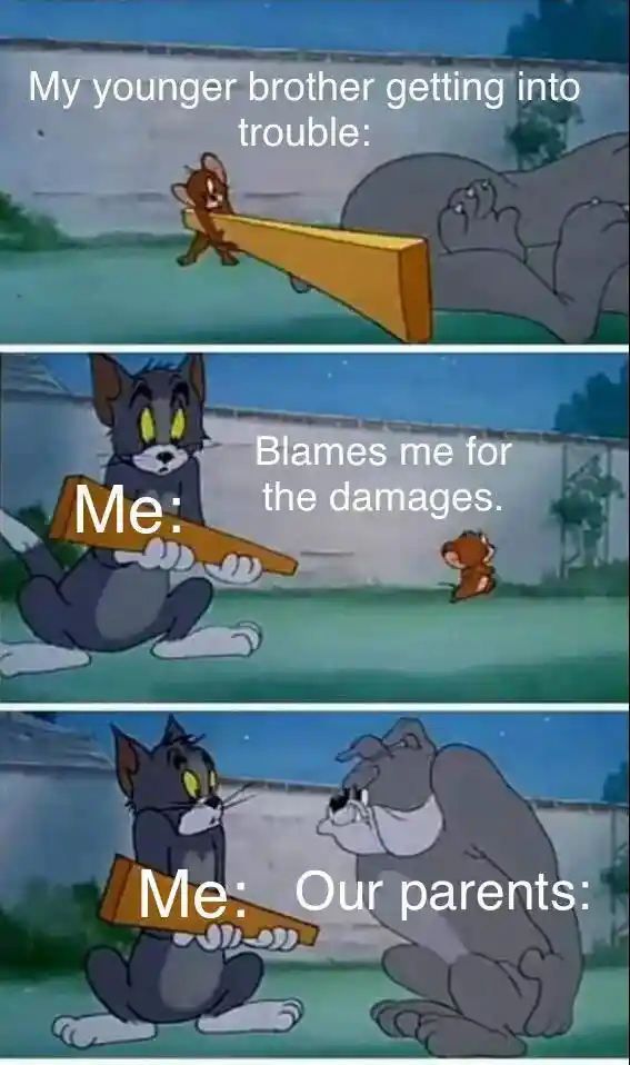 Younger brother blame meme facing angry parents