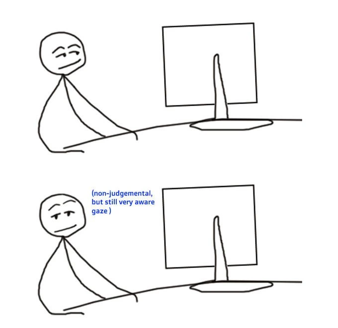 Non-judgemental gaze meme staring at computer