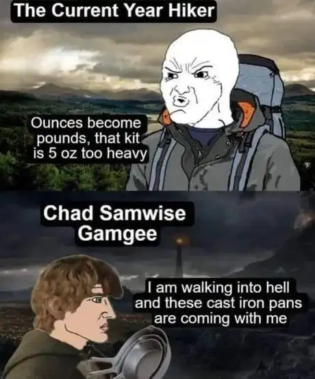 Samwise Gamgee meme carrying cast iron pans