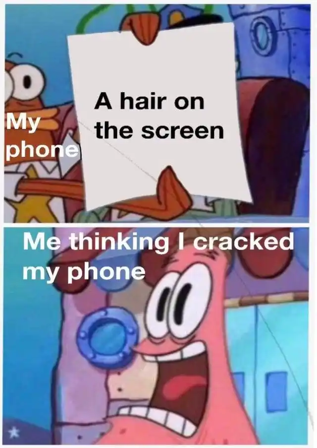 Scared patrick meme thinking phone is cracked
