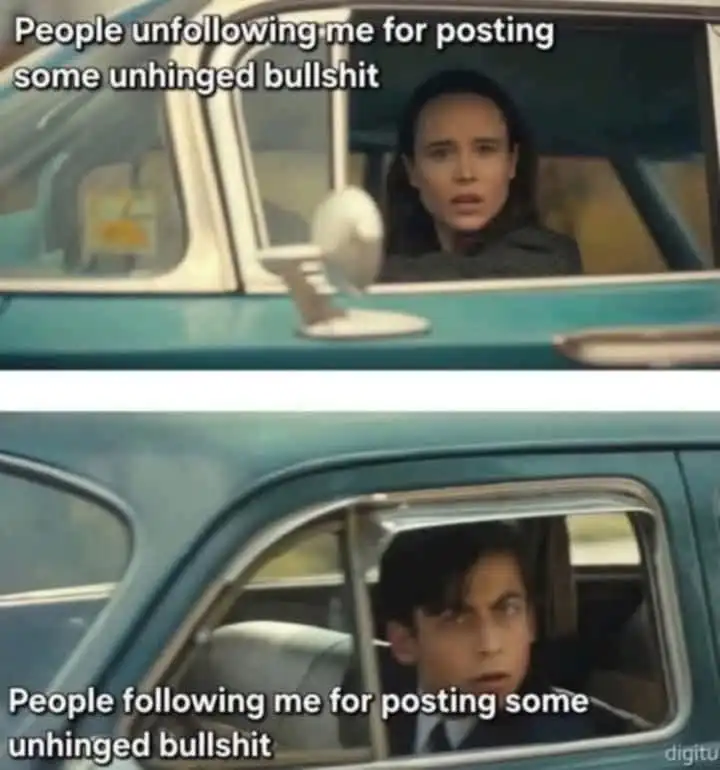 Unhinged social post meme shocked in car