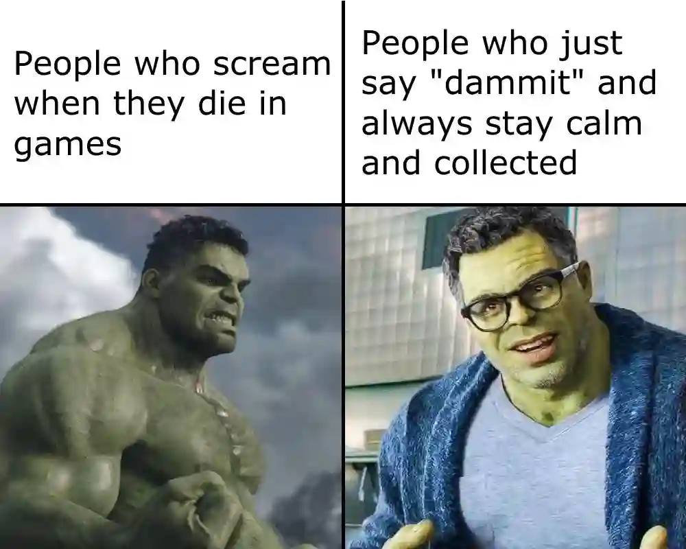 Hulk gamer meme angry calm after game death