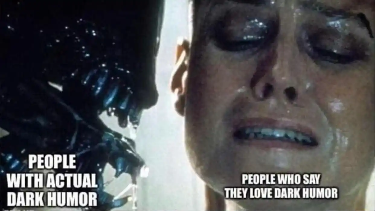 Dark humor meme scared person facing alien