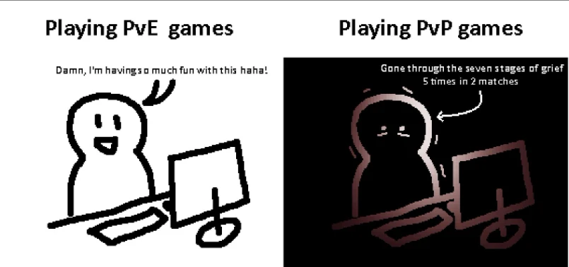 PvE PvP games meme happy vs burnt out gamer