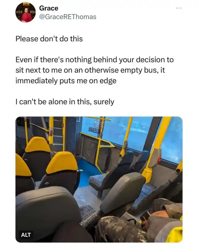 Stranger sits next on empty bus meme annoys you
