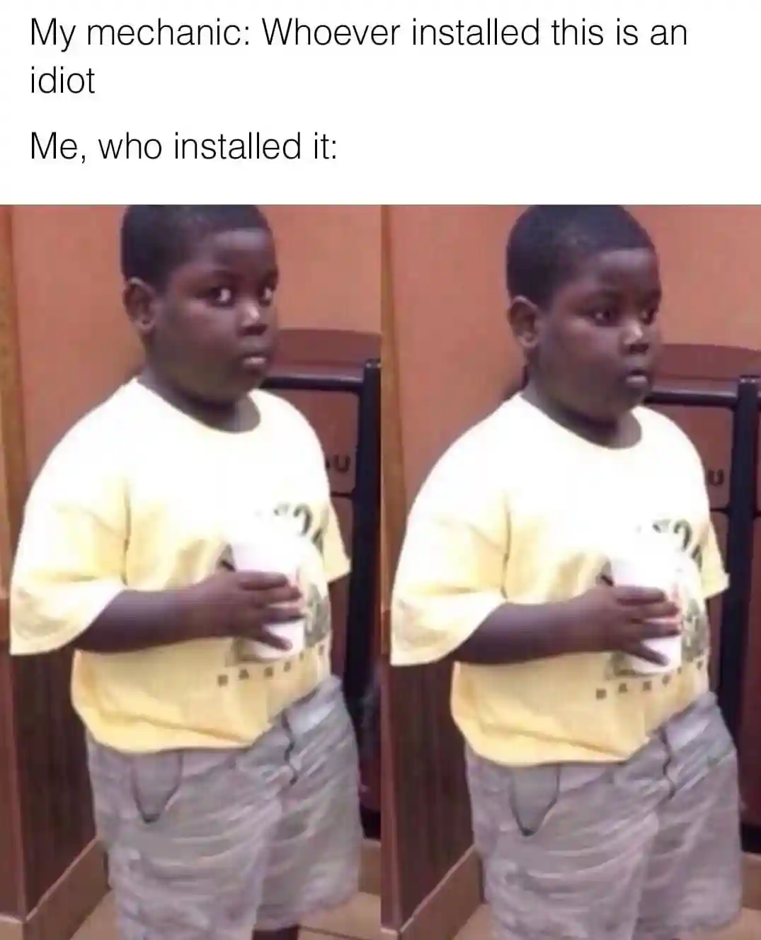 Popeyes kid meme guilty side eyeing mechanic