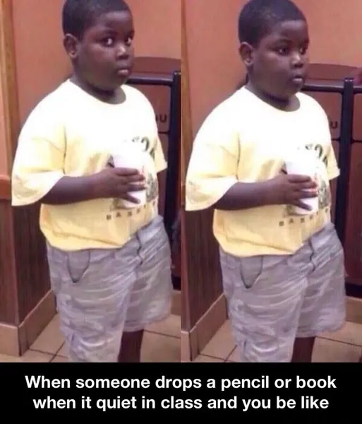 Popeyes kid meme side eyeing noise in quiet class