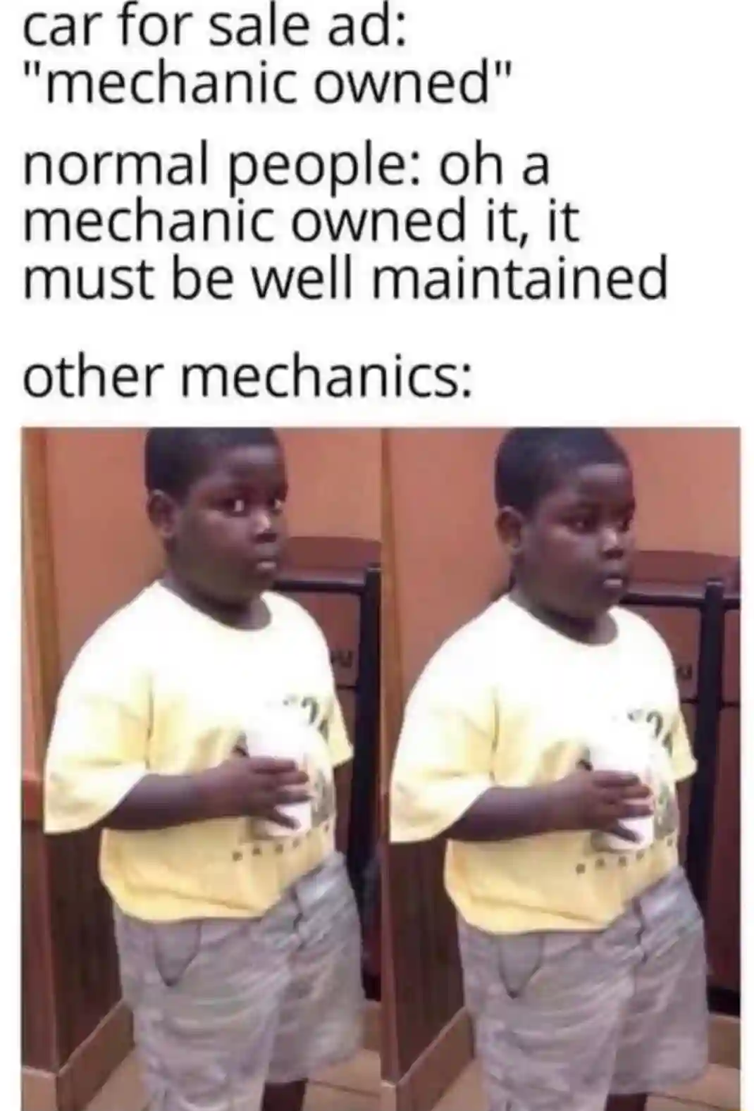 Popeyes kid meme doubts mechanic owned car ad