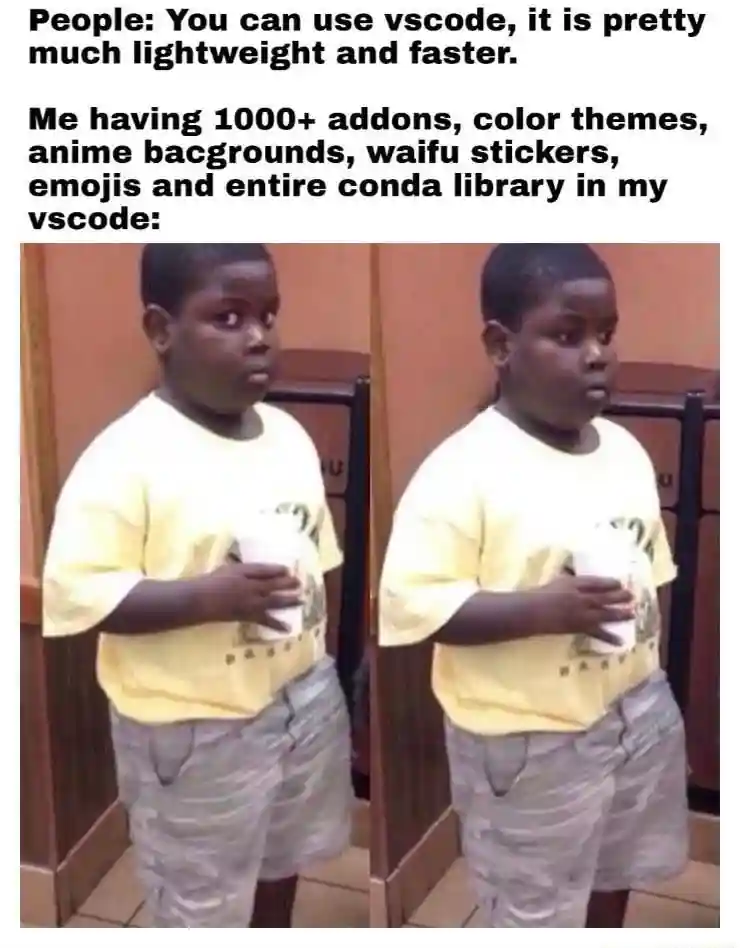 Popeyes kid meme side-eyeing bloated VS Code