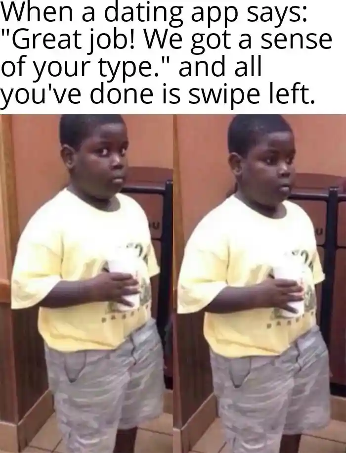 Popeyes kid meme confused at dating app swipe left