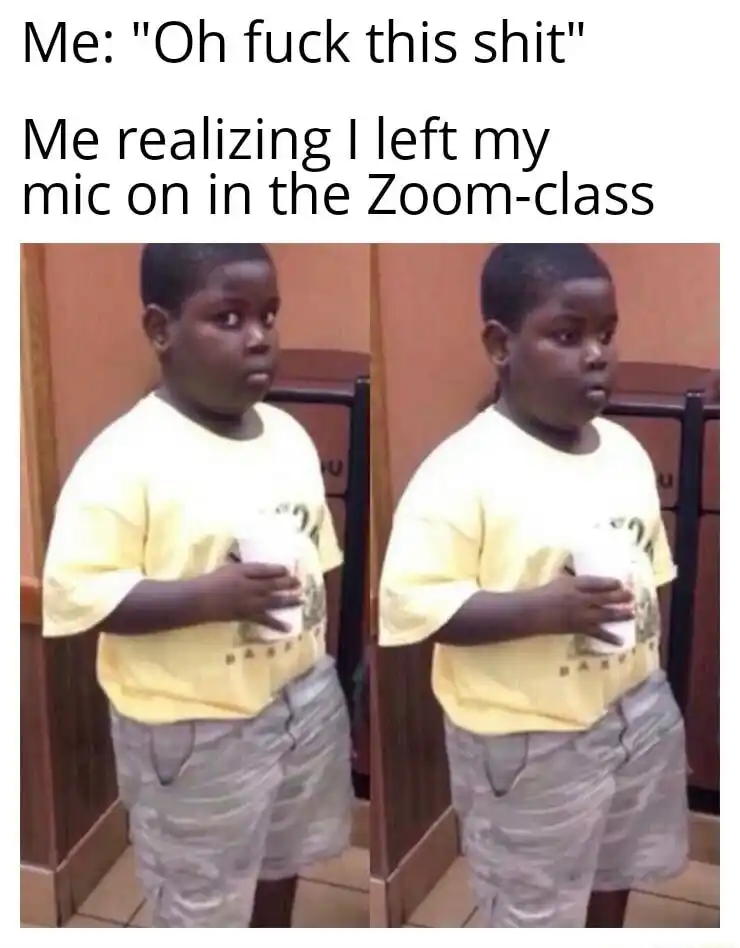 Popeyes kid meme shocked seeing Zoom mic on