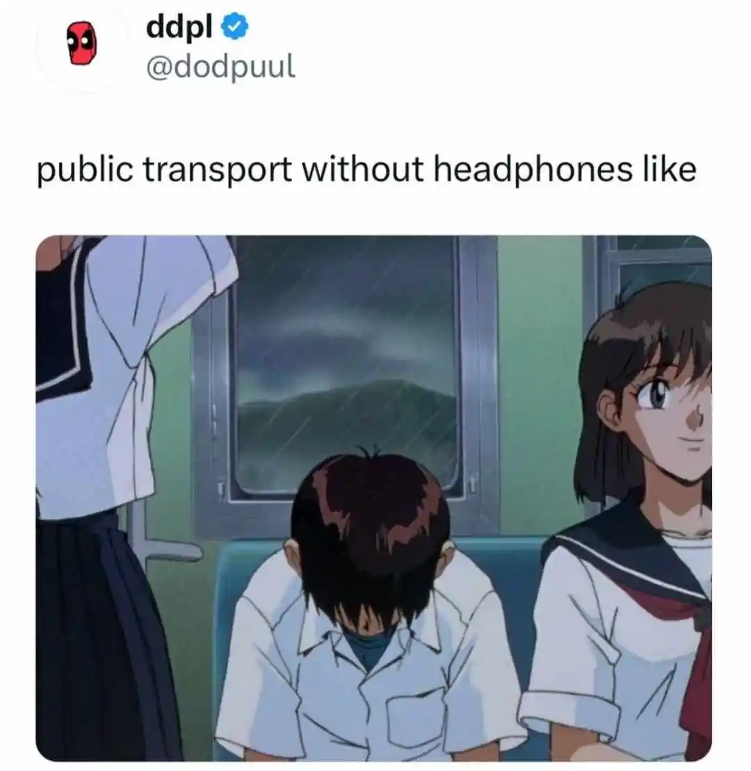 Public transit no headphones meme head down