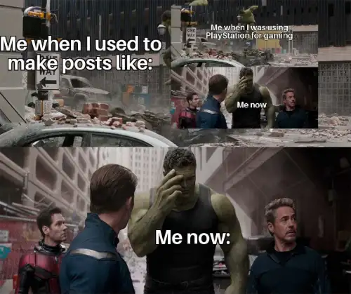 Regretful hulk meme ashamed of old playstation use