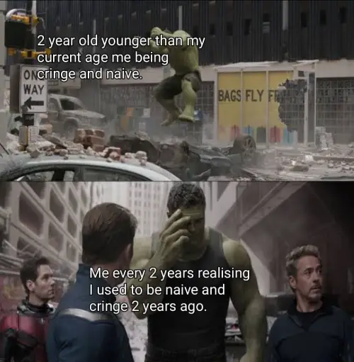 Regretful hulk meme ashamed of his cringe naive past self