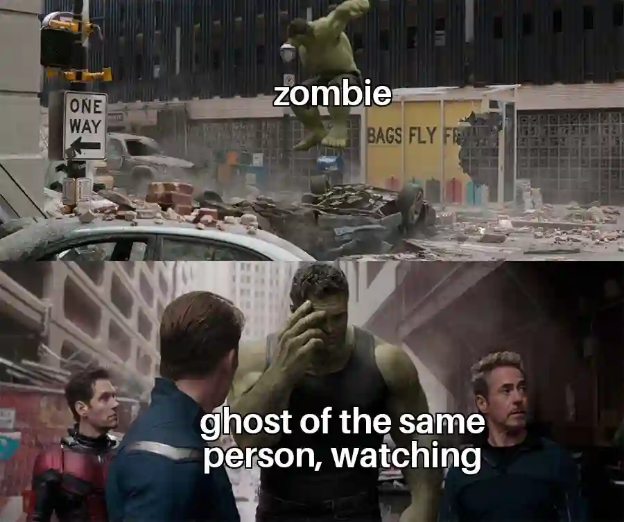 Regretful hulk meme watching past zombie self
