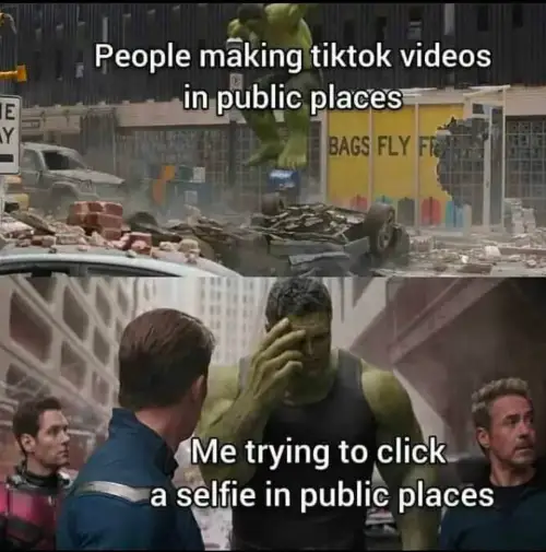 Regretful hulk meme comparing public tiktok users to awkward selfie takers
