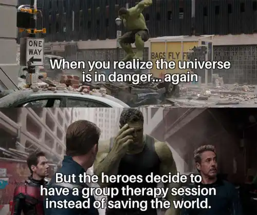 Regretful hulk meme heroes do group therapy